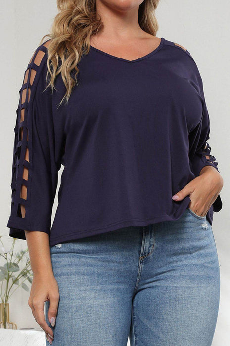 Plus Size Cutout Three-Quarter Sleeve Blouse - MimiStylez