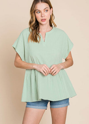 Cotton Bleu by Nu Lab Ruched Notched Short Sleeve Blouse - MimiStylez
