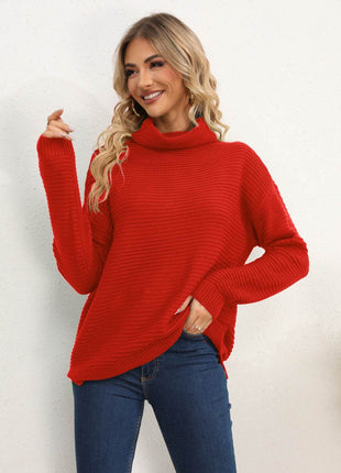 Slit Turtleneck Dropped Shoulder Sweater - MimiStylez