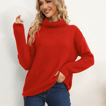 Slit Turtleneck Dropped Shoulder Sweater - MimiStylez