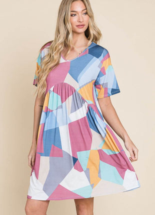 BOMBOM Ruched Color Block Short Sleeve Dress - MimiStylez