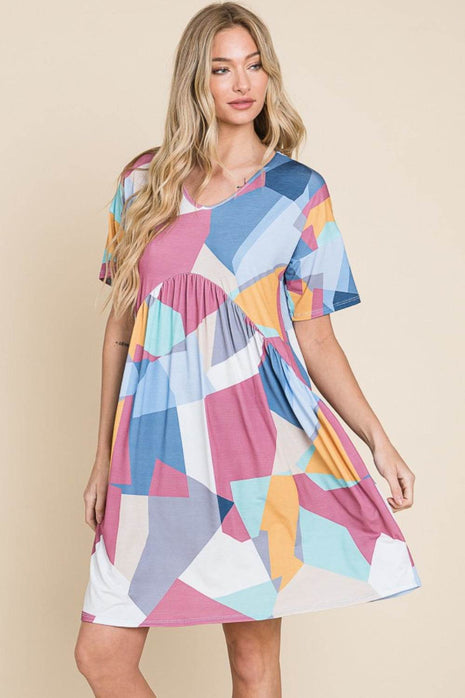 BOMBOM Ruched Color Block Short Sleeve Dress - MimiStylez