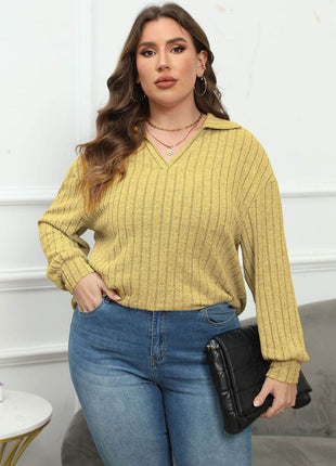 Plus Size Ribbed Collared Neck Long Sleeve Blouse - MimiStylez