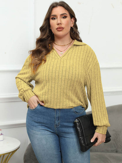 Plus Size Ribbed Collared Neck Long Sleeve Blouse - MimiStylez