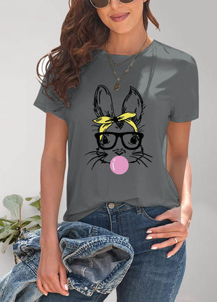 Rabbit Graphic Round Neck Short Sleeve T-Shirt - MimiStylez
