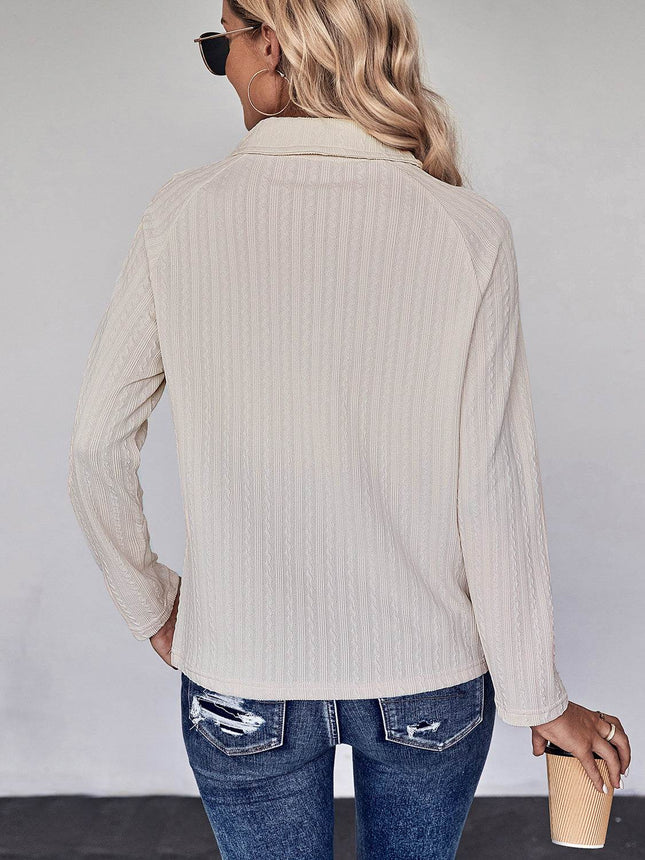 Collared Neck Buttoned Long Sleeve Top - MimiStylez
