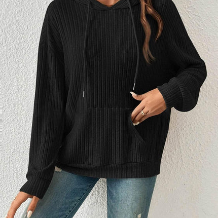 Ribbed Dropped Shoulder Drawstring Hoodie - MimiStylez
