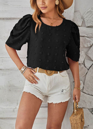 Swiss Dot Round Neck Short Sleeve Blouse - MimiStylez