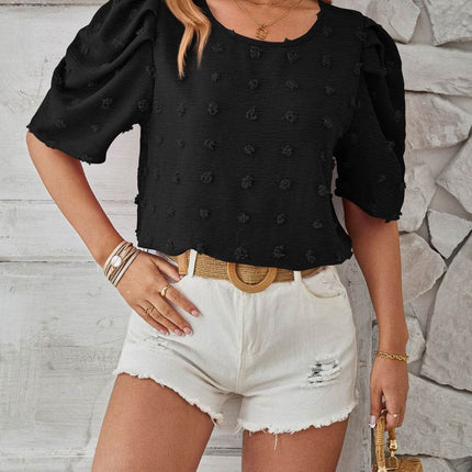Swiss Dot Round Neck Short Sleeve Blouse - MimiStylez