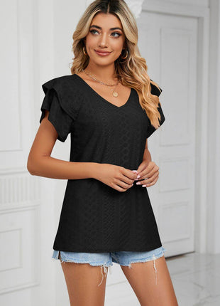 Eyelet Layered Flutter Sleeve V-Neck Knit Top - MimiStylez