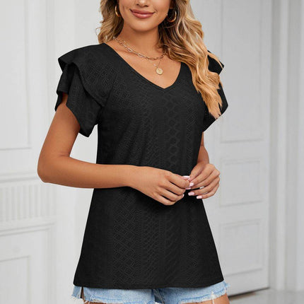 Eyelet Layered Flutter Sleeve V-Neck Knit Top - MimiStylez