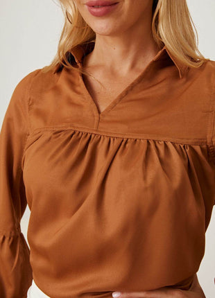 Balloon Sleeve Collared Neck Blouse - MimiStylez