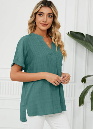 Side Slit Notched Neck Cuffed Short Sleeve Blouse - MimiStylez