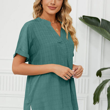 Side Slit Notched Neck Cuffed Short Sleeve Blouse - MimiStylez