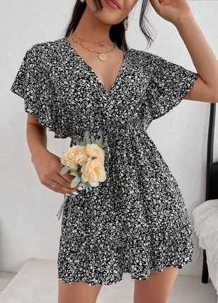 Cutout Ditsy Floral Surplice Flounce Sleeve Dress - MimiStylez