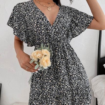 Cutout Ditsy Floral Surplice Flounce Sleeve Dress - MimiStylez