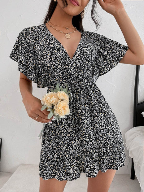 Cutout Ditsy Floral Surplice Flounce Sleeve Dress - MimiStylez