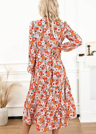 Floral Notched Neck Long Sleeve Dress - MimiStylez