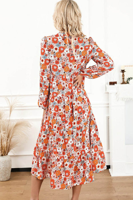Floral Notched Neck Long Sleeve Dress - MimiStylez