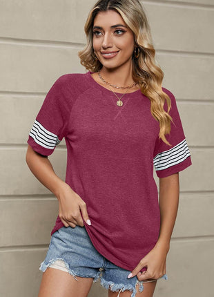 Striped Round Neck Short Sleeve T-Shirt - MimiStylez