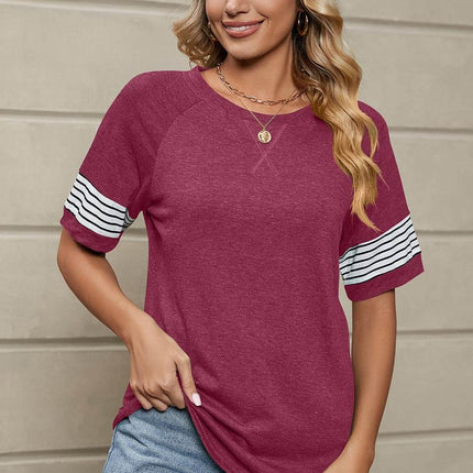 Striped Round Neck Short Sleeve T-Shirt - MimiStylez
