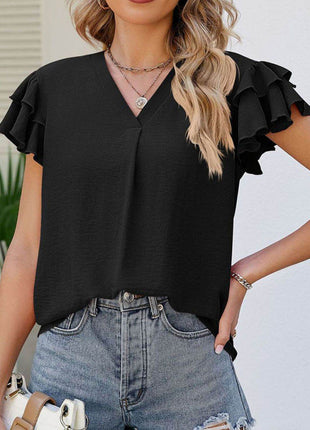 Ruffled V-Neck Cap Sleeve Blouse - MimiStylez