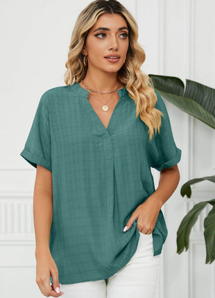 Side Slit Notched Neck Cuffed Short Sleeve Blouse - MimiStylez