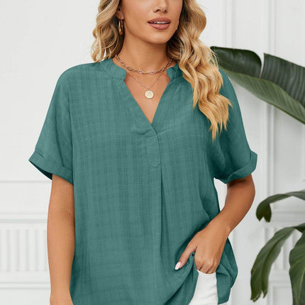 Side Slit Notched Neck Cuffed Short Sleeve Blouse - MimiStylez