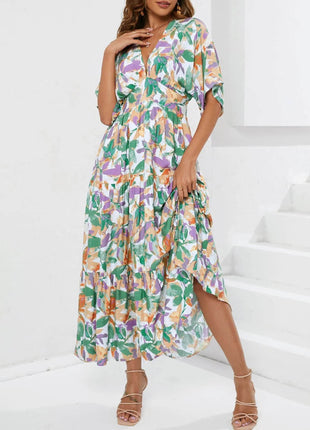Floral Print V-neck Boho Midi Dress - MimiStylez