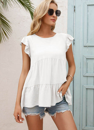 Round Neck Flutter Sleeve Tiered Blouse - MimiStylez