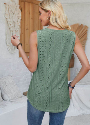 Eyelet Decorative Button V-Neck Tank - MimiStylez