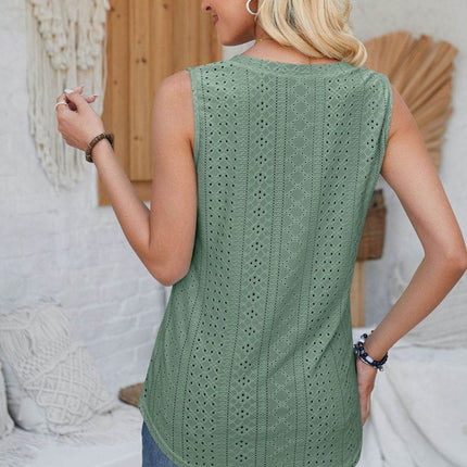 Eyelet Decorative Button V-Neck Tank - MimiStylez