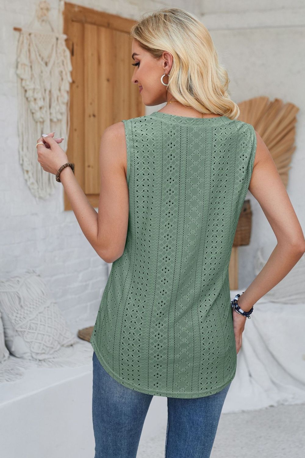 Eyelet Decorative Button V-Neck Tank