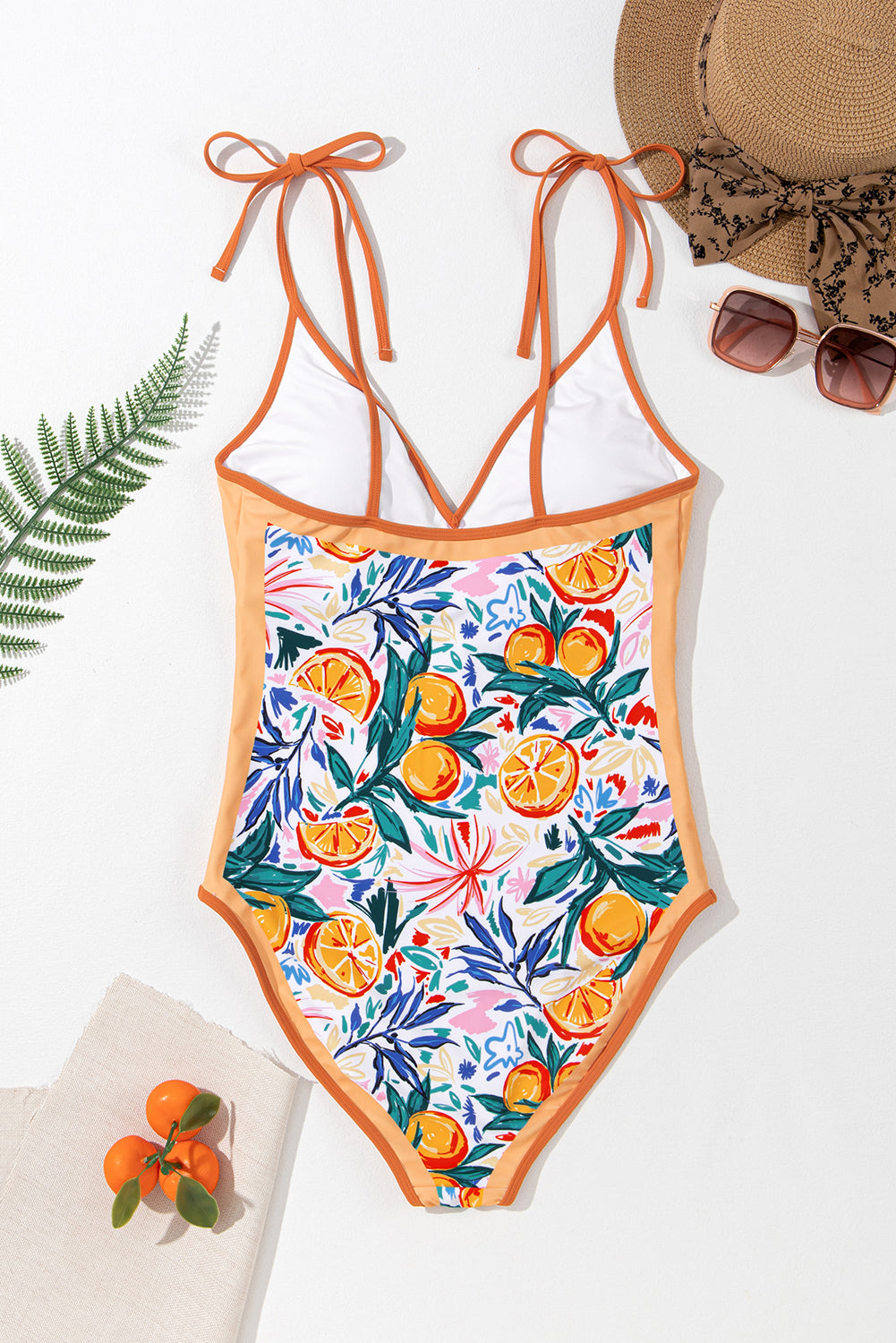 Orange Fruit Plant Print Tied Straps V Neck One Piece Swimsuit