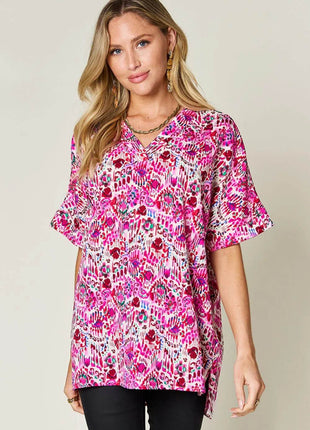 Double Take Full Size Printed V-Neck Short Sleeve Blouse - MimiStylez