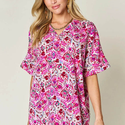Double Take Full Size Printed V-Neck Short Sleeve Blouse - MimiStylez