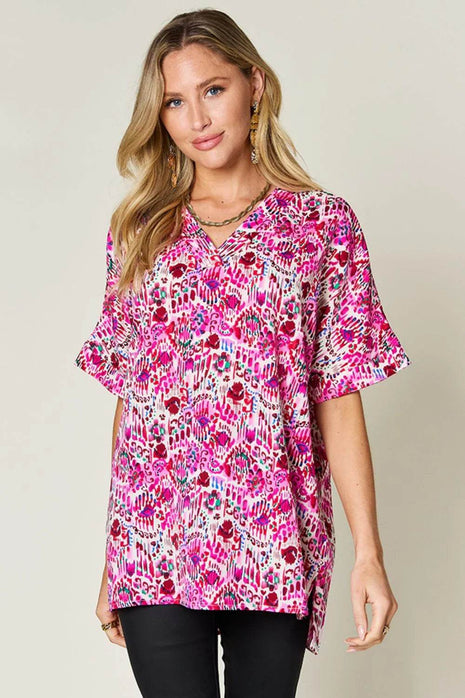Double Take Full Size Printed V-Neck Short Sleeve Blouse - MimiStylez