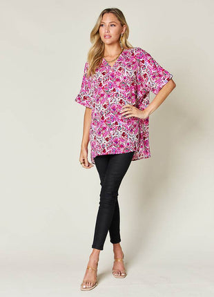 Double Take Full Size Printed V-Neck Short Sleeve Blouse - MimiStylez