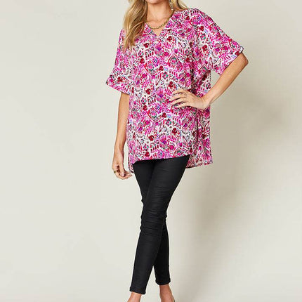 Double Take Full Size Printed V-Neck Short Sleeve Blouse - MimiStylez