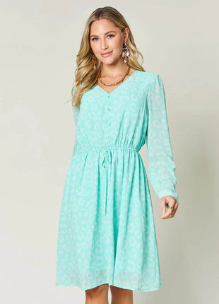 Double Take Full Size Printed Ruched V-Neck Long Sleeve Dress - MimiStylez
