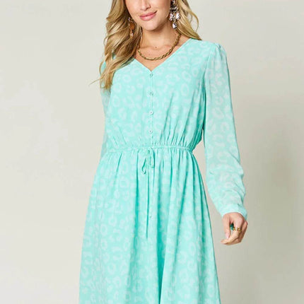 Double Take Full Size Printed Ruched V-Neck Long Sleeve Dress - MimiStylez