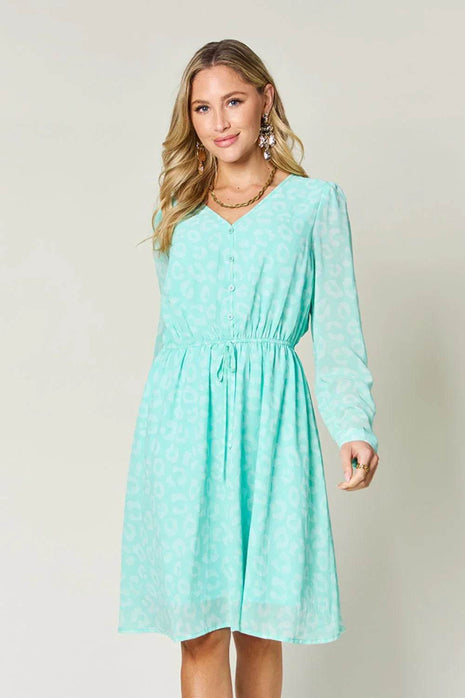 Double Take Full Size Printed Ruched V-Neck Long Sleeve Dress - MimiStylez