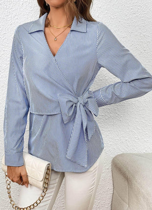 Bow Tie Waist Johnny Collar Neck Striped Blouse - MimiStylez