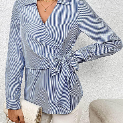 Bow Tie Waist Johnny Collar Neck Striped Blouse - MimiStylez