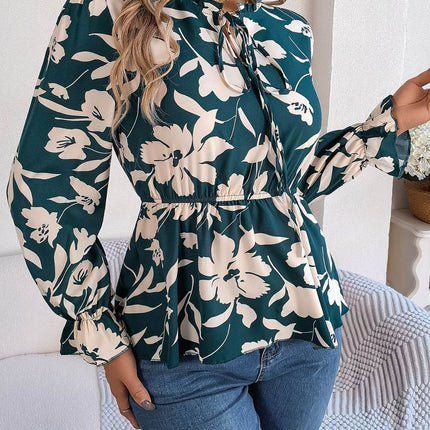 Printed Tie Neck Flounce Sleeve Blouse - MimiStylez