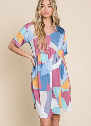 BOMBOM Ruched Color Block Short Sleeve Dress - MimiStylez