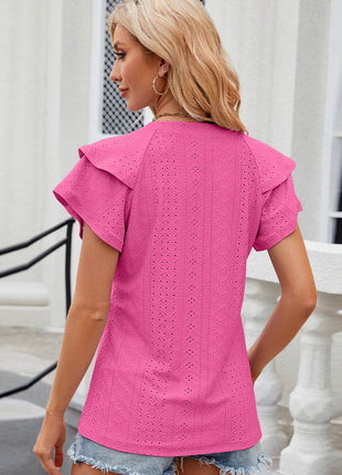 Eyelet Notched Flutter Sleeve T-Shirt - MimiStylez