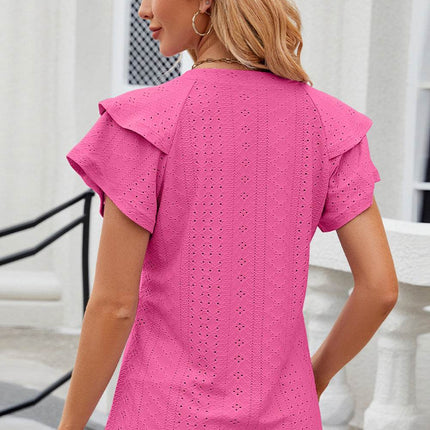 Eyelet Notched Flutter Sleeve T-Shirt - MimiStylez