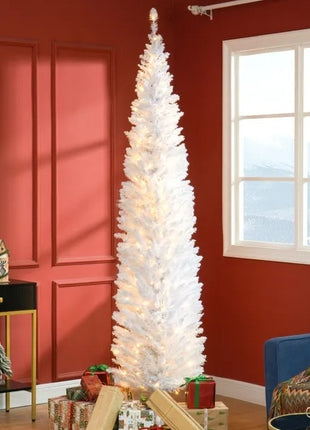 8FT Pre-Lit Pencil Noble Fir Christmas Tree With 300 Warm White LED Lights And 618 Tips