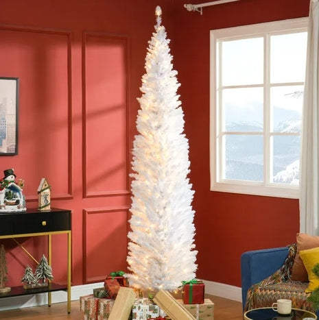 8FT Pre-Lit Pencil Noble Fir Christmas Tree With 300 Warm White LED Lights And 618 Tips
